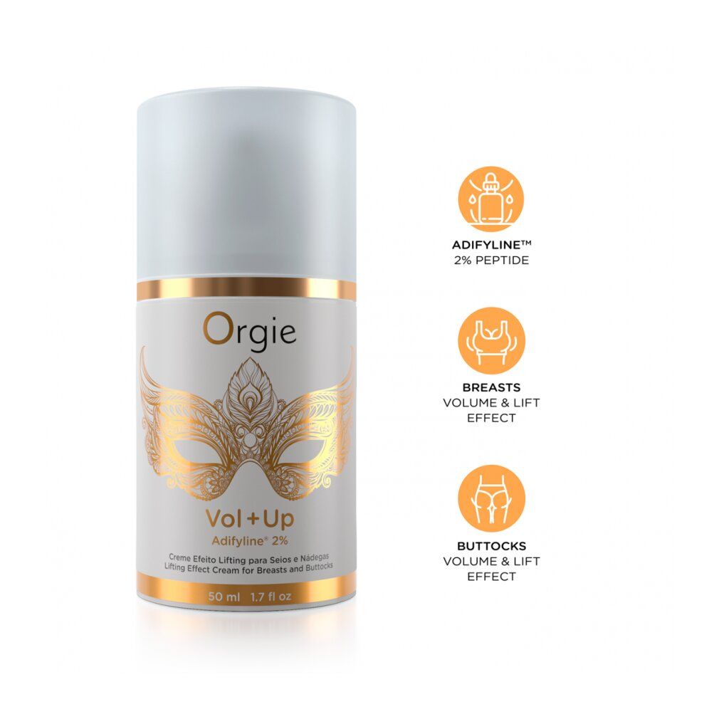 Creme-Flakon mit goldener Verzierung. Marke: Orgie. Produktname: Vol + Up. Enthält 50 ml. Mit Icons: Brust, Po.
