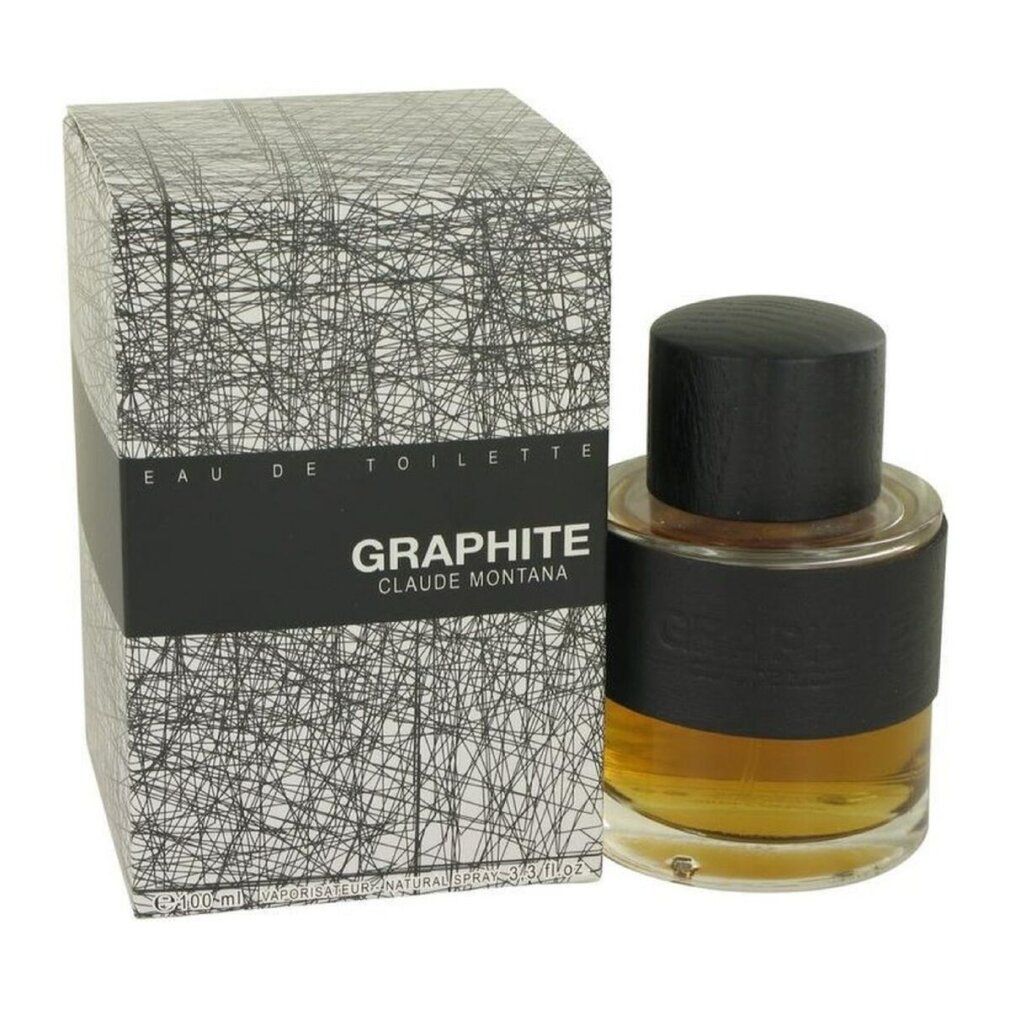 Montana Graphite EdT Flakon und Verpackung. Schwarzer Deckel, schwarzes Etikett. Verpackung mit Text und Muster.