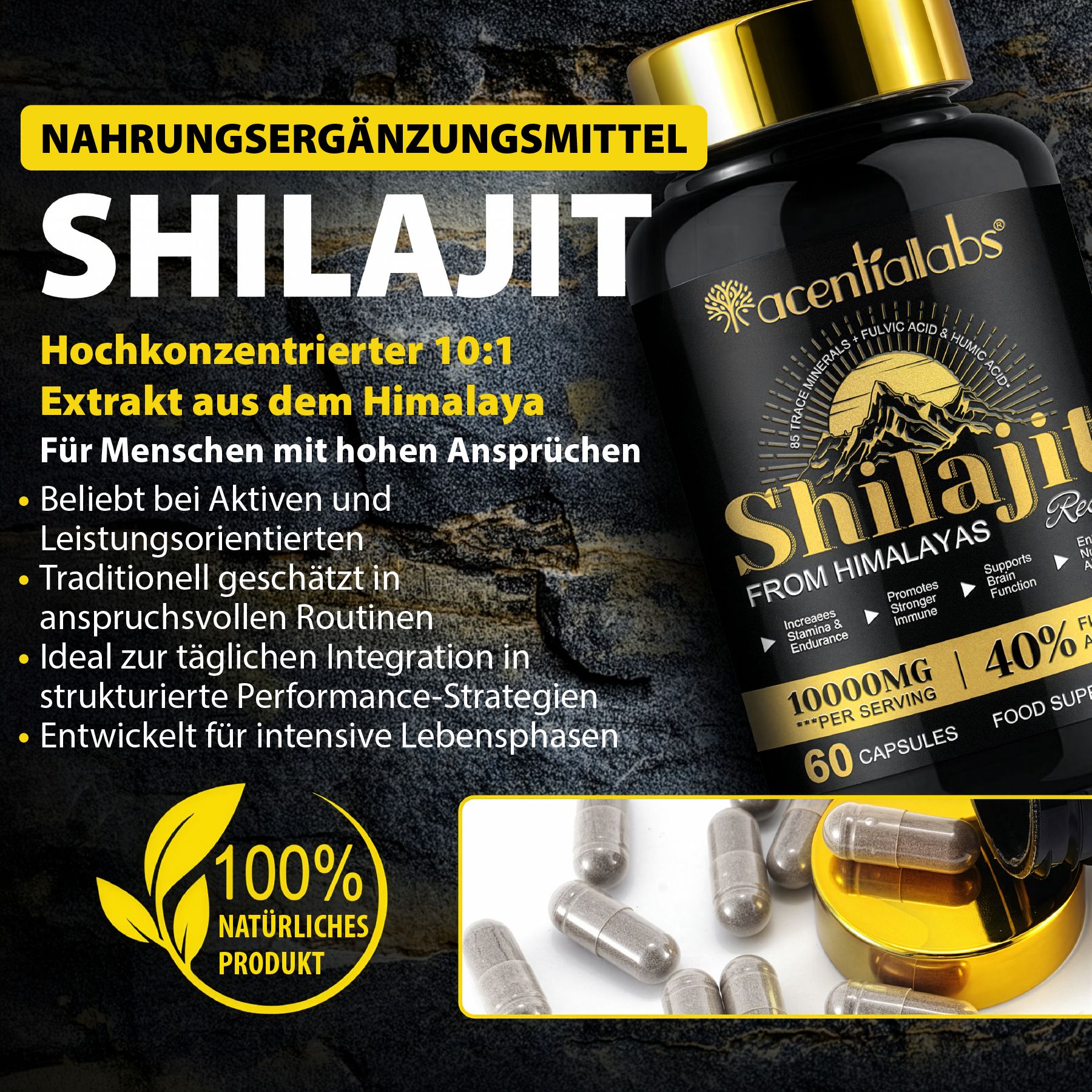 Schwarze Kapsel-Dose mit goldenem Deckel. Aufschrift: Shilajit, 10000mg, 60 Kapseln, 40% Fulvinsäure. 100% natürliches Produkt.