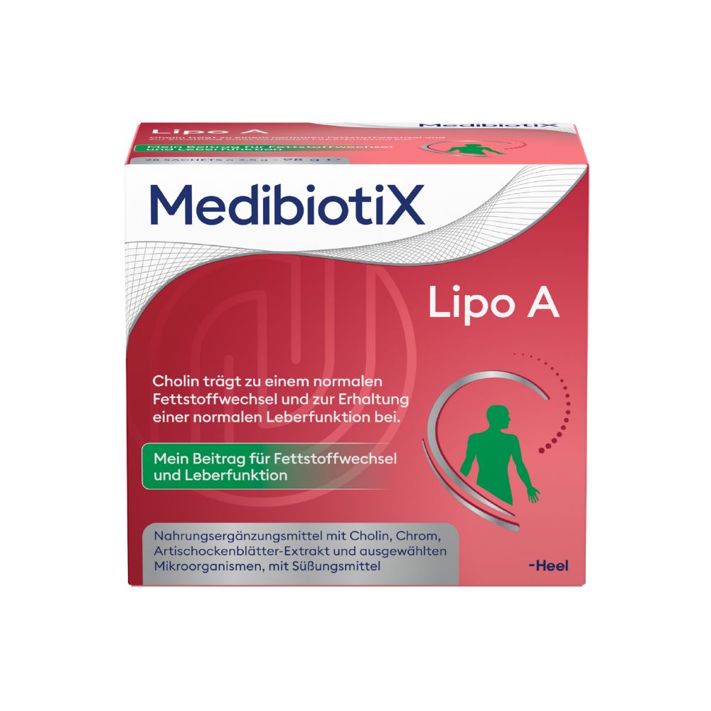 MedibiotiX Lipo A-Verpackung. Rote und weiße Schachtel mit Produktinformationen und Logo. Enthält Cholin, Chrom, Artischockenblätter-Extrakt.