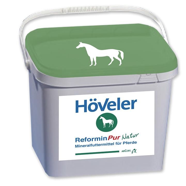 Eckiger Eimer mit grünem Deckel. Auf dem Deckel ein weißes Pferd. Auf dem Etikett steht "Höveler Reformin Pur Natur".