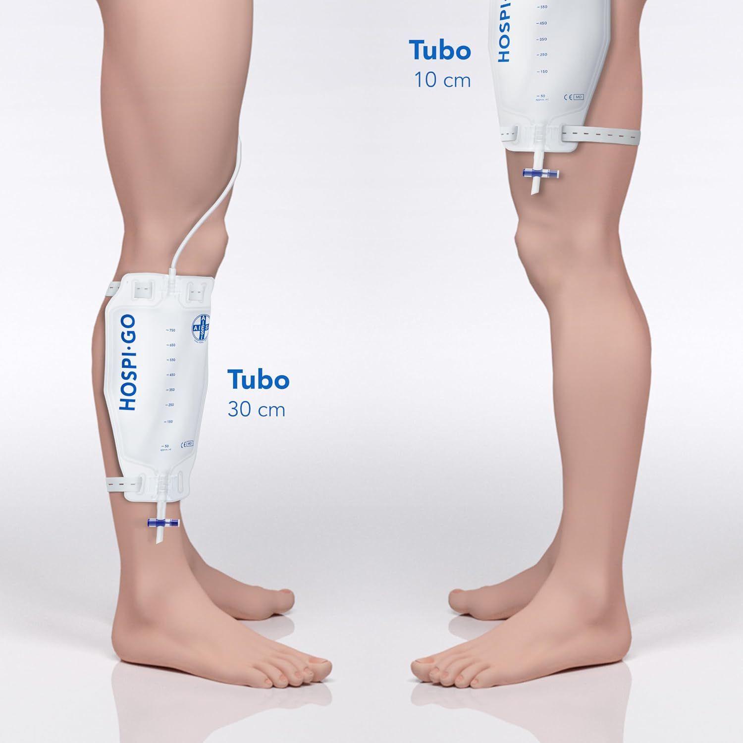Hospibag Urinbeutel für das Bein, mit 30 cm und 10 cm Schlauchlängen.