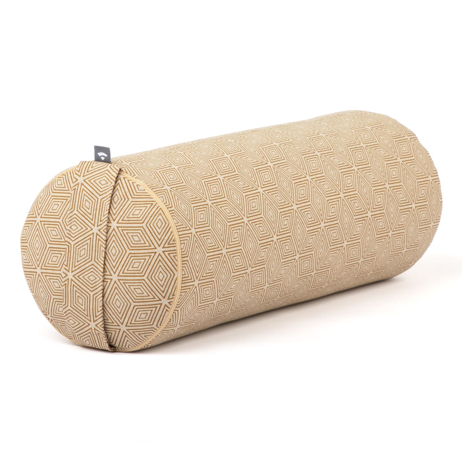 Beiger Yoga-Bolster mit geometrischem Muster und Reißverschluss.