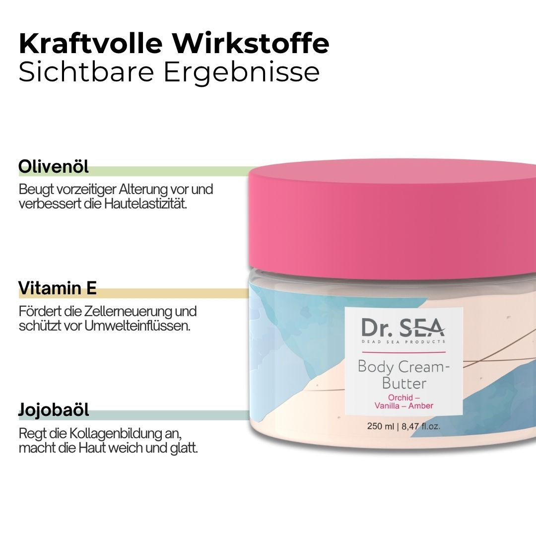 Creme-Butter-Behälter mit rosa Deckel. Text: Olivenöl, Vitamin E, Jojobaöl. 250 ml | 8,47 fl.oz.