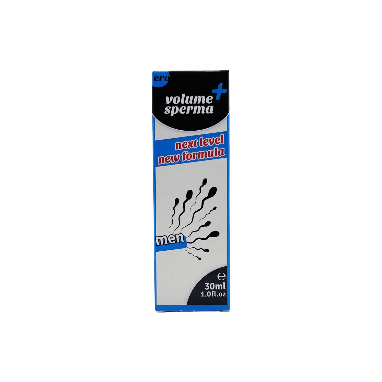 Verpackung für VOLUME drops men, 30ml. Zeigt Spermien-Symbol und Text.