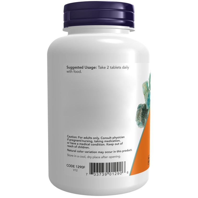 Rückseite der Flasche. Aufschrift: Suggested Usage: Take 2 tablets daily with food. Code 1290F. Barcode.