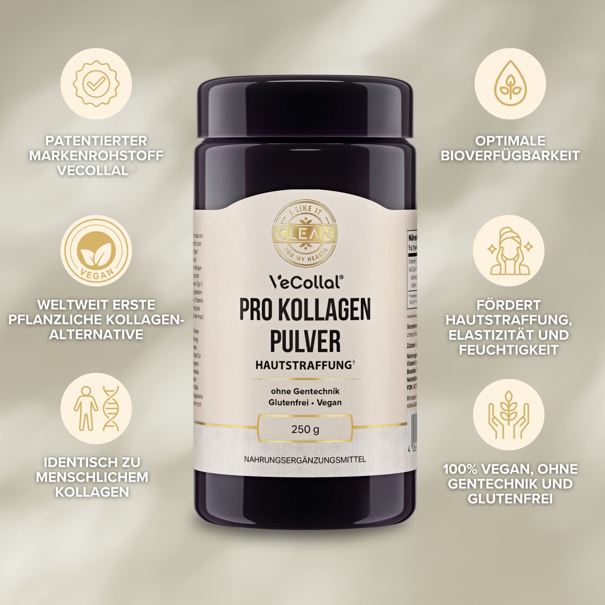 Dunkle Dose i-like-it-clean Pro Kollagen Pulver. Aufschrift: Hautstraffung, 250 g, vegan, glutenfrei. Kreisförmige Icons.