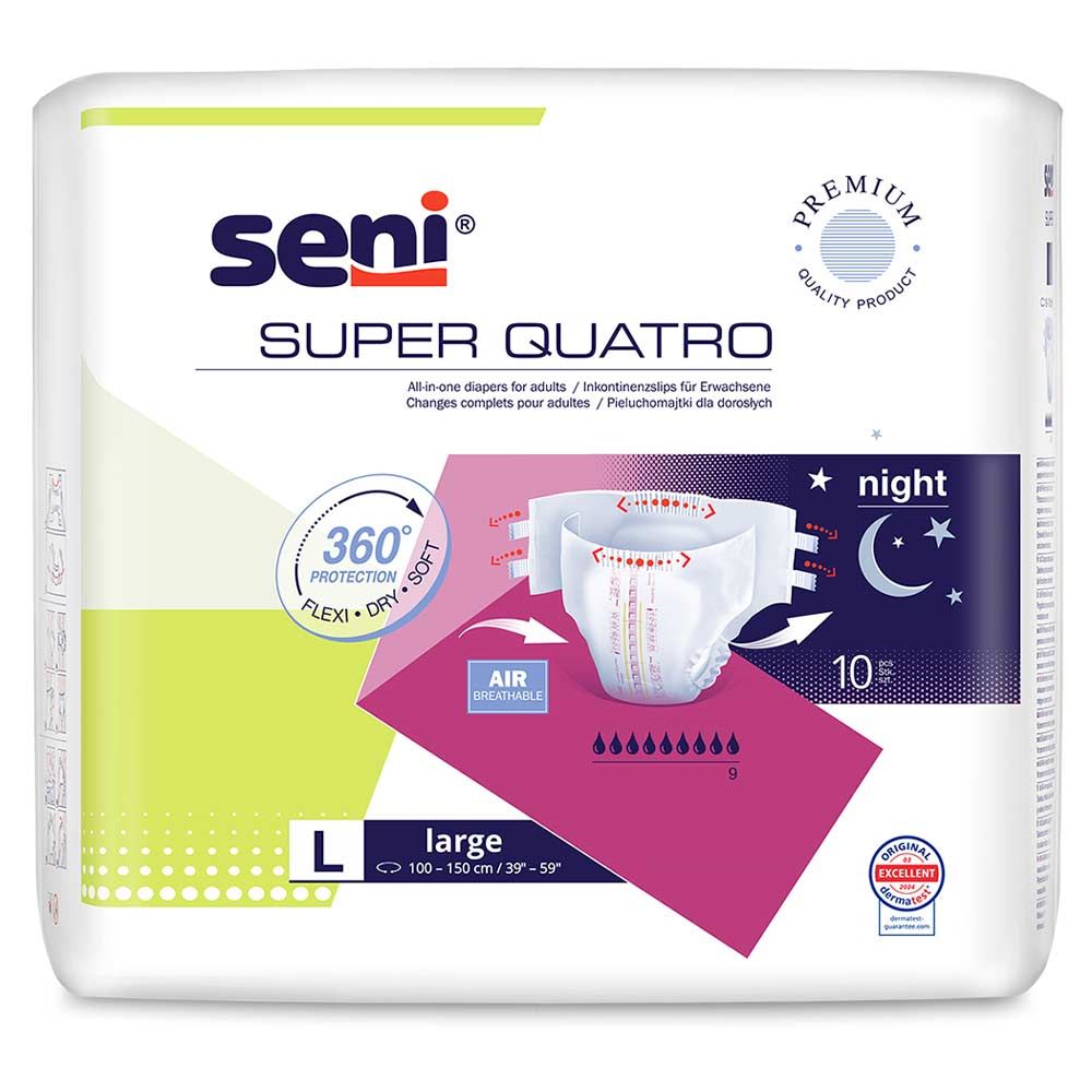 Verpackung mit Seni Super Quatro. Enthält 10 Stück. Aufdrucke: Seni, Super Quatro, Premium Quality, Large, Air Breathable.