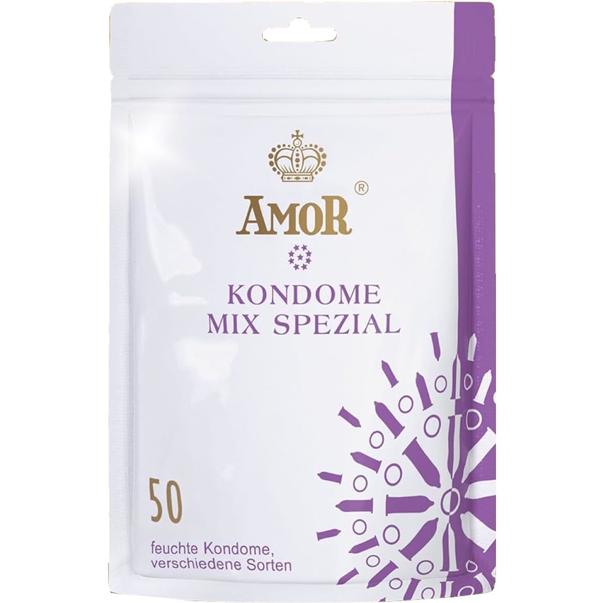 Verpackung mit Kondomen. Aufschrift: AMOR, KONDOME MIX SPEZIAL. 50 feuchte Kondome, verschiedene Sorten. Weiß, lila Akzente.