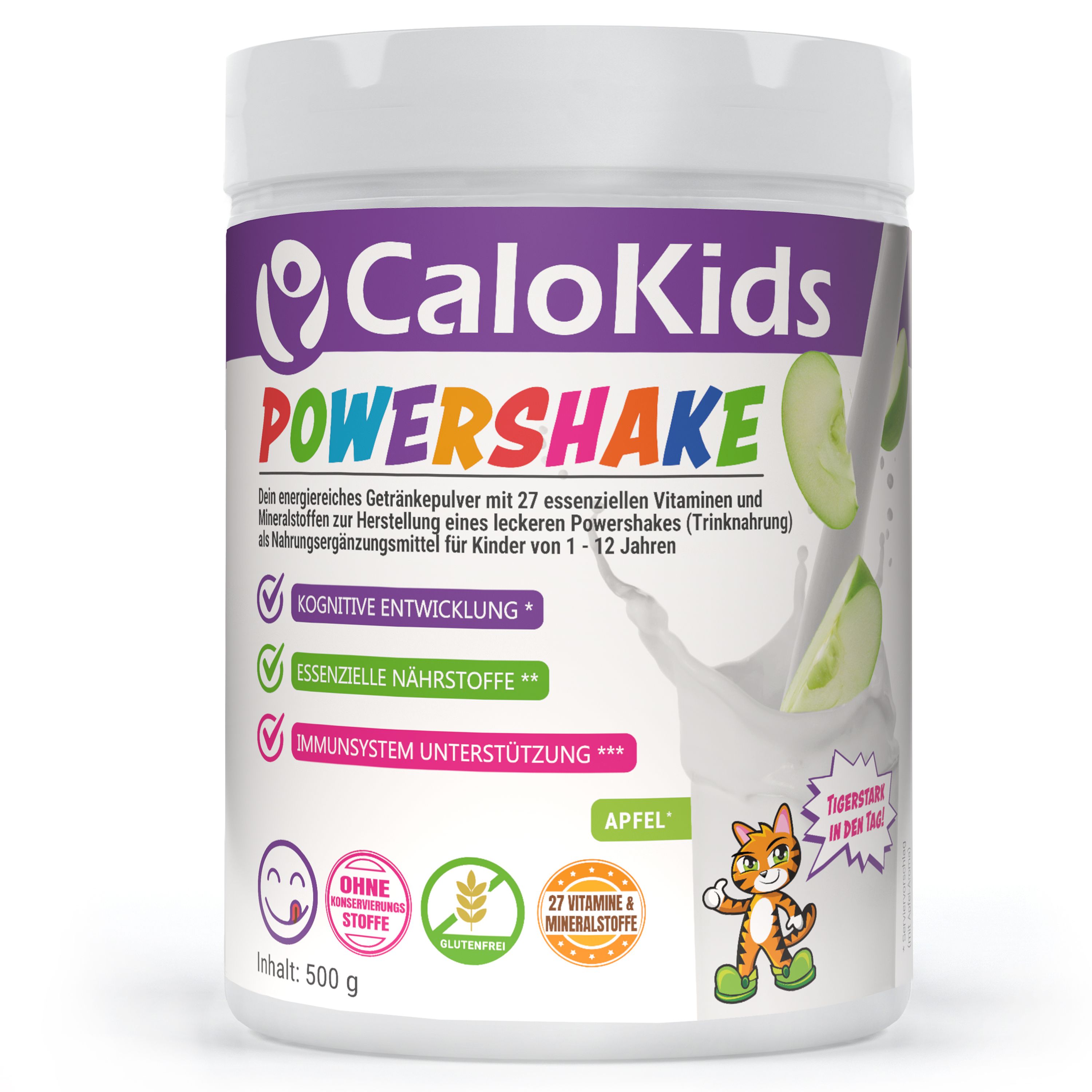 Weißer Behälter mit CaloKids PowerShake. Enthält 27 Vitamine, Mineralstoffe und Protein. Mit Apfel-Geschmack.