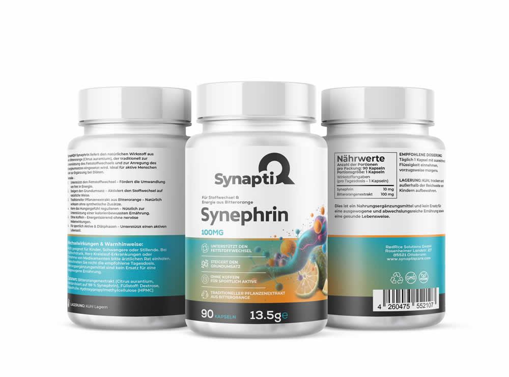 Drei weiße Kunststoff-Behälter mit SynaptiQ® Synephrin-Kapseln. Blaue und orangefarbene Grafik. 90 Kapseln, 100mg.