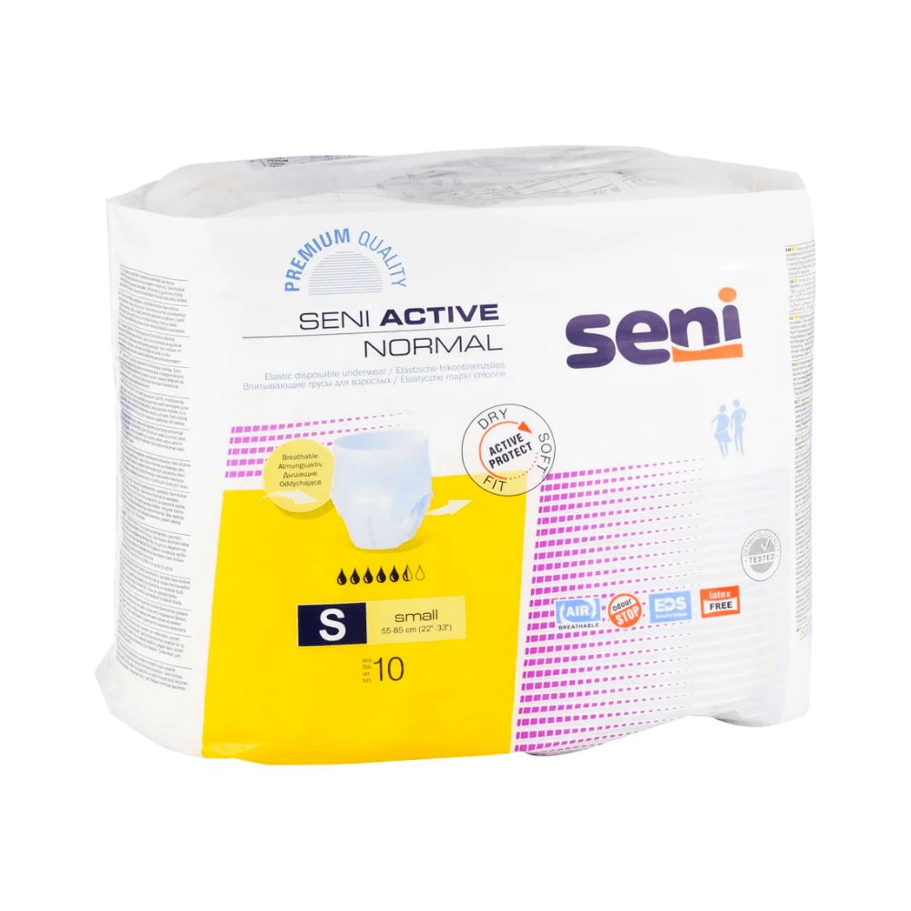 Verpackung Seni Active Normal Inkontinenzpants. Weiß, gelb und lila. Produktabbildung. Größe S, 10 Stück. Marke Seni.