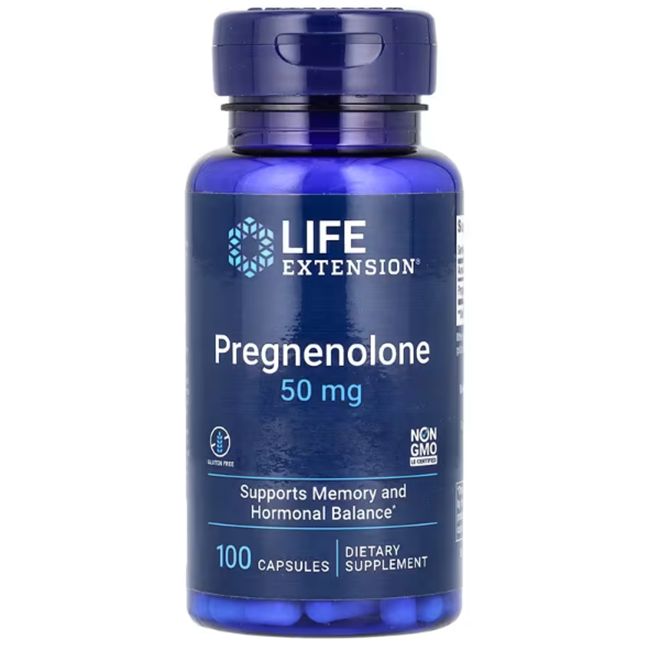 Flasche mit 100 Kapseln Pregnenolon 50 mg von Life Extension. Unterstützt Gedächtnis und hormonelles Gleichgewicht.