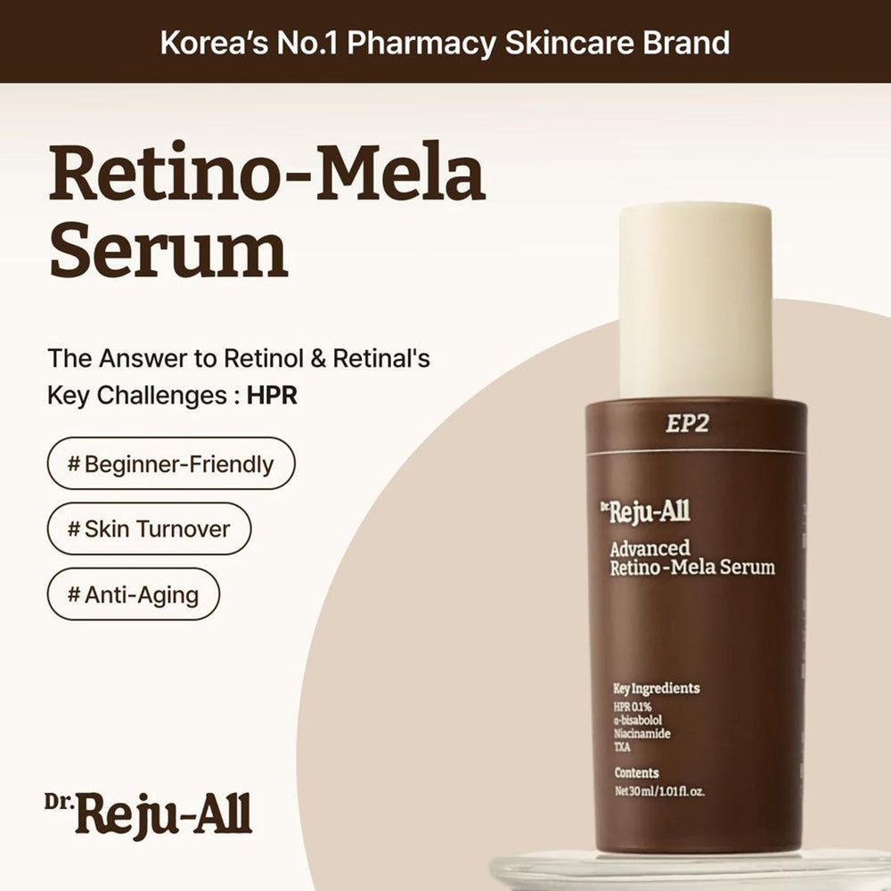 Produktabbildung: Dr. Reju-All Advanced Retino-Mela Serum. Text: Retino-Mela Serum. Korea's No.1 Pharmacy Skincare Brand.