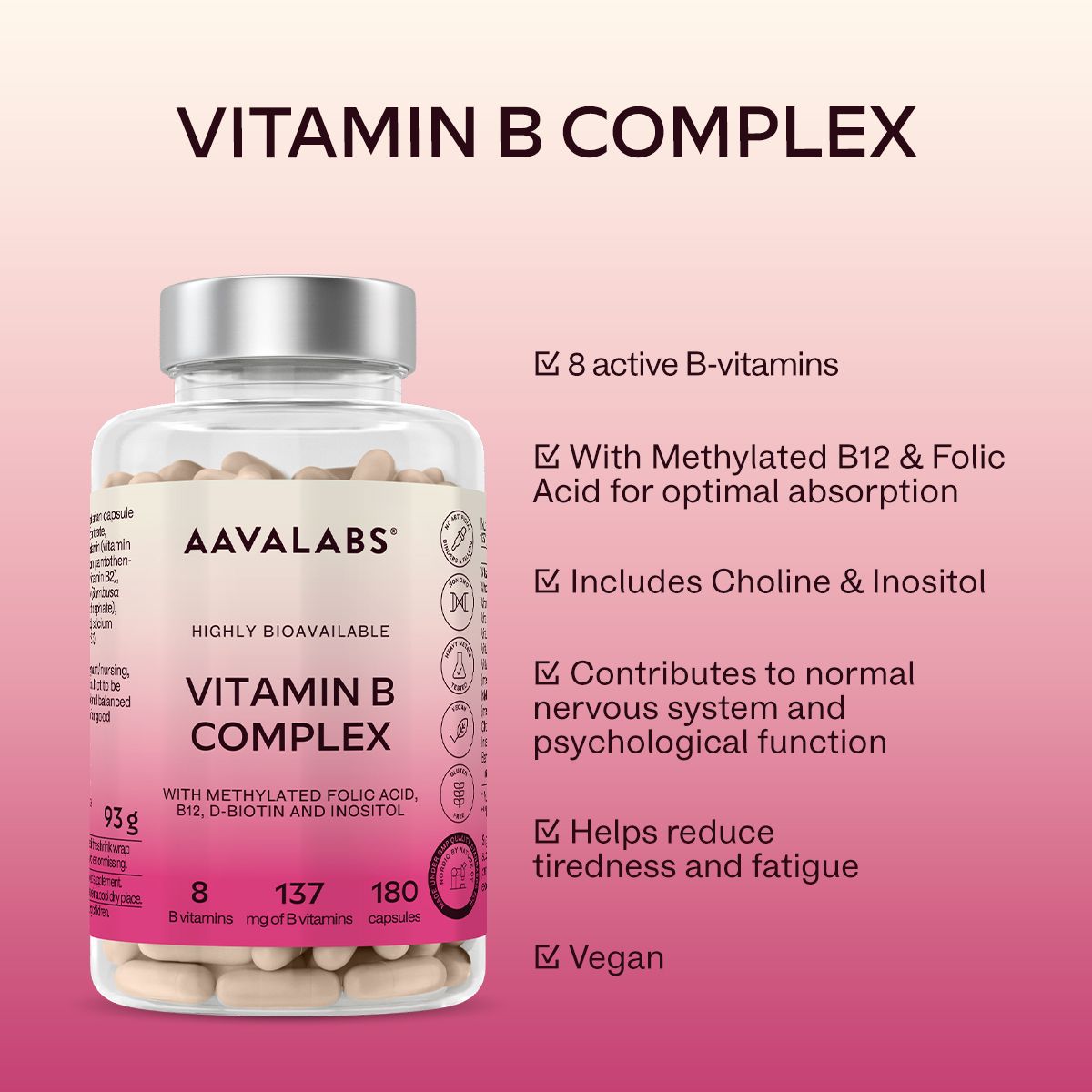 Flasche mit Kapseln. Text: AAVALABS Vitamin B Complex. Rosa Hintergrund mit Text.