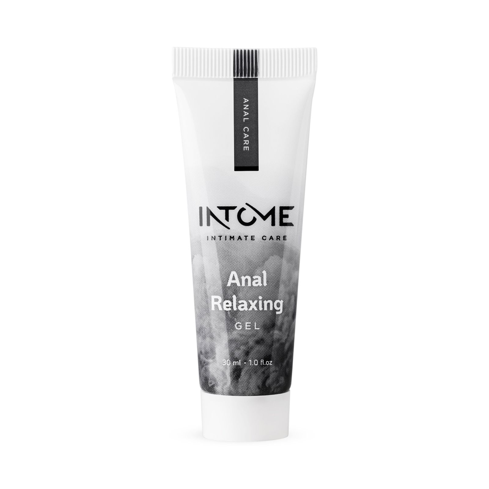Intome Anal Relaxing Gel in Tube. Aufschrift: Intome, Anal Care, Anal Relaxing Gel. Schwarze und weiße Farbgebung.