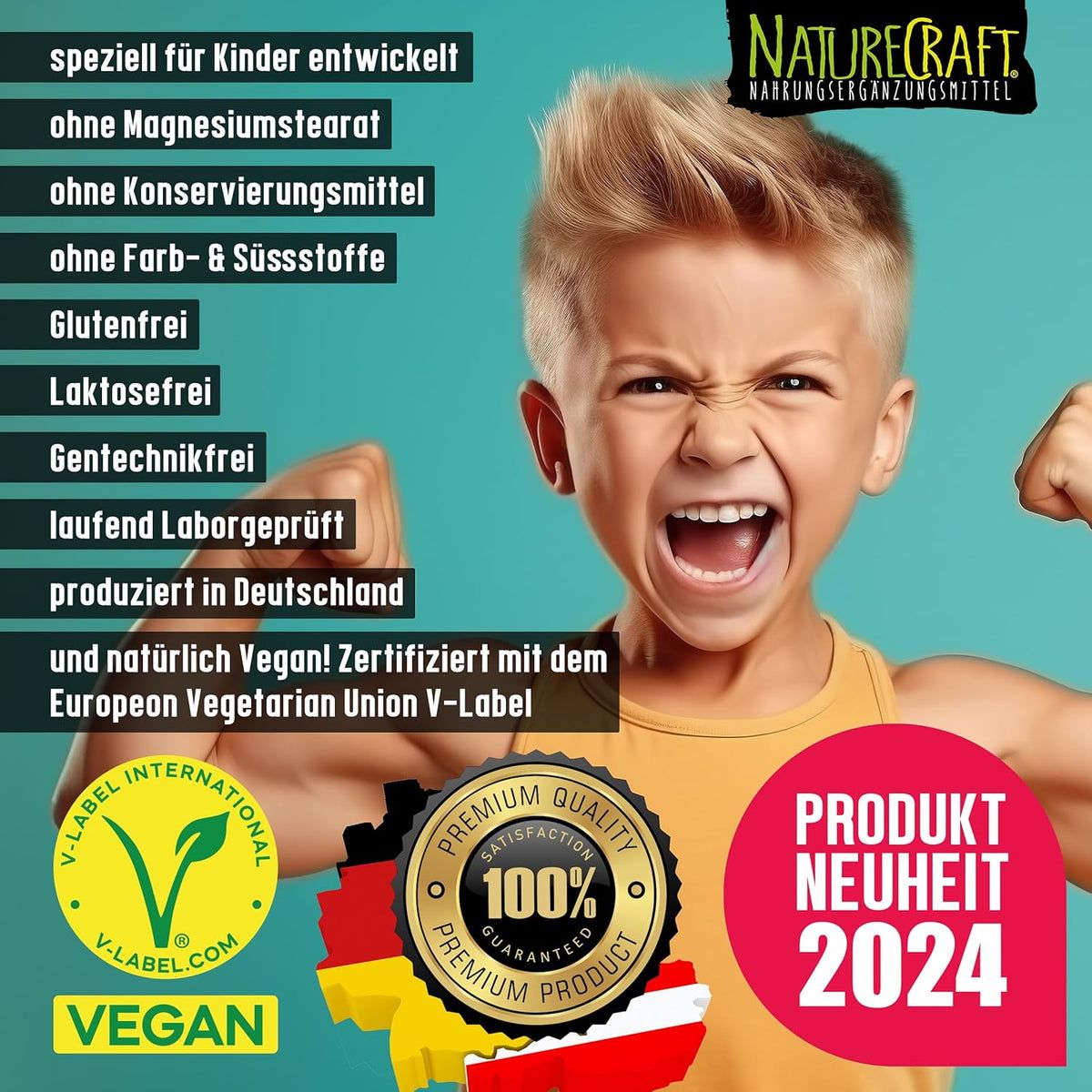 Junge mit erhobenen Fäusten, umgeben von Text über "speziell für Kinder entwickelt", "laborgeprüft", "vegan".