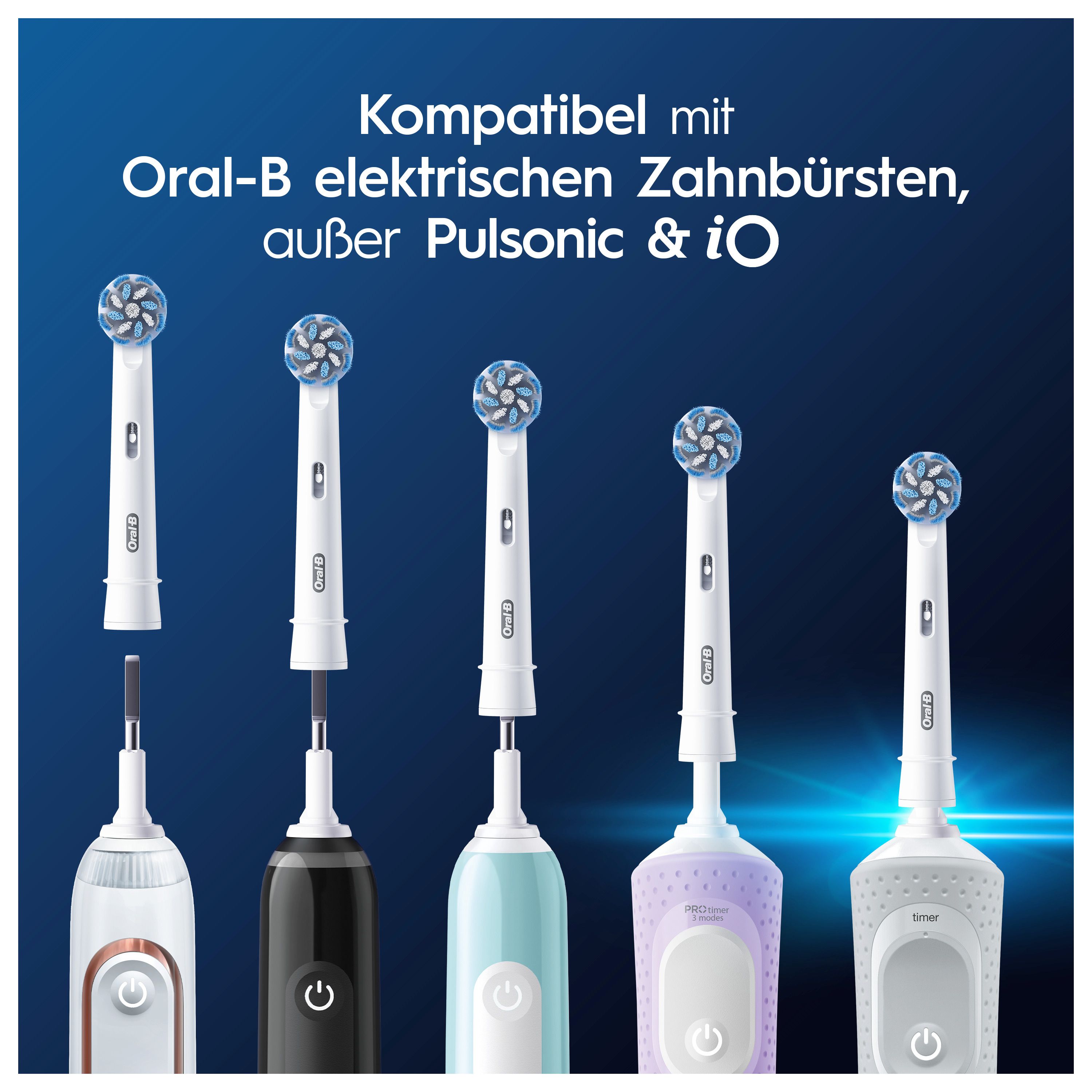 Zahnbürstenköpfe auf blauem Hintergrund. Text: Kompatibel mit Oral-B elektrischen Zahnbürsten, außer Pulsonic & iO. Verschiedene Modelle.