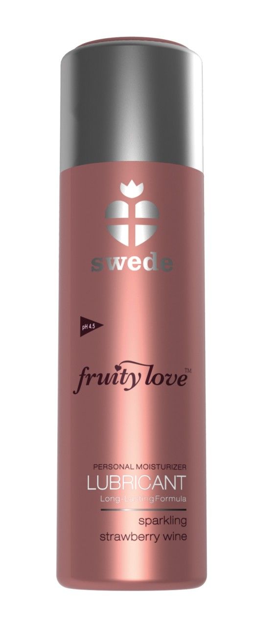 Eine rosa Flasche mit silbernem Deckel. Aufschrift: Fruity Love, Lubricant.