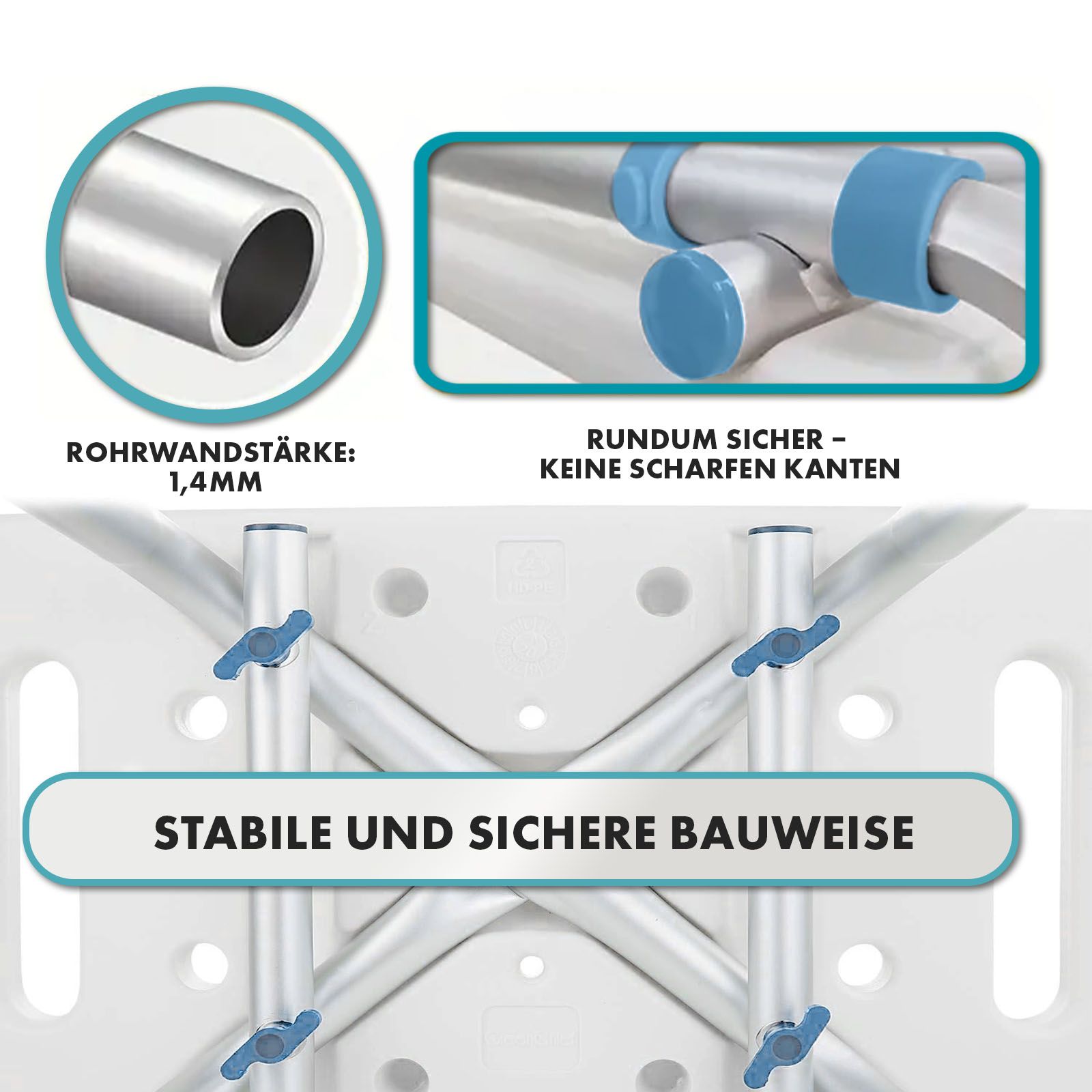Duschstuhl-Details: Rohrwandstärke 1,4mm. Abgerundete Kanten. Stabile Bauweise. Blaue Drehknöpfe.