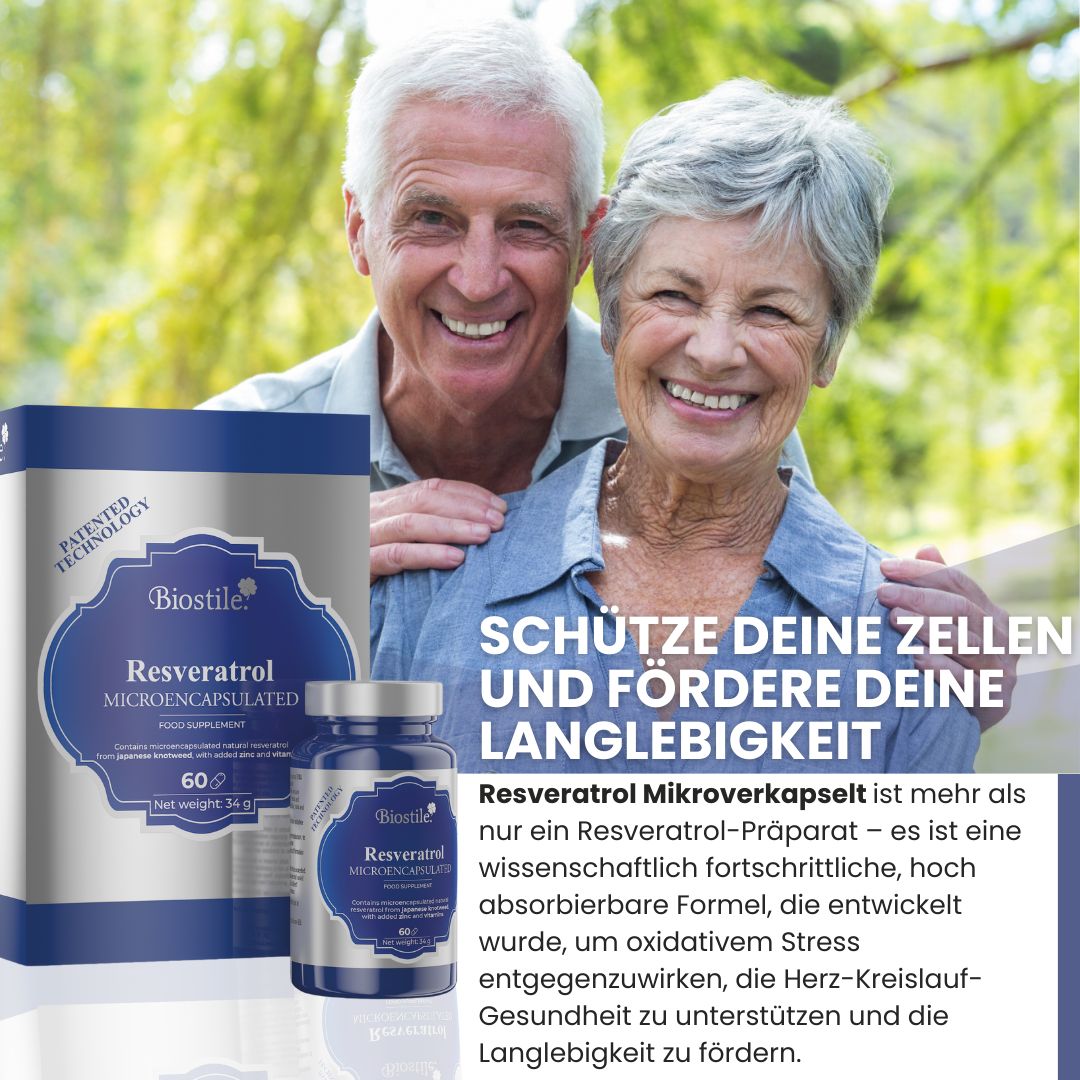 Biostile BMT Resveratrol Microencapsulated: Karton, Fläschchen und ein älteres Paar, das lächelt.