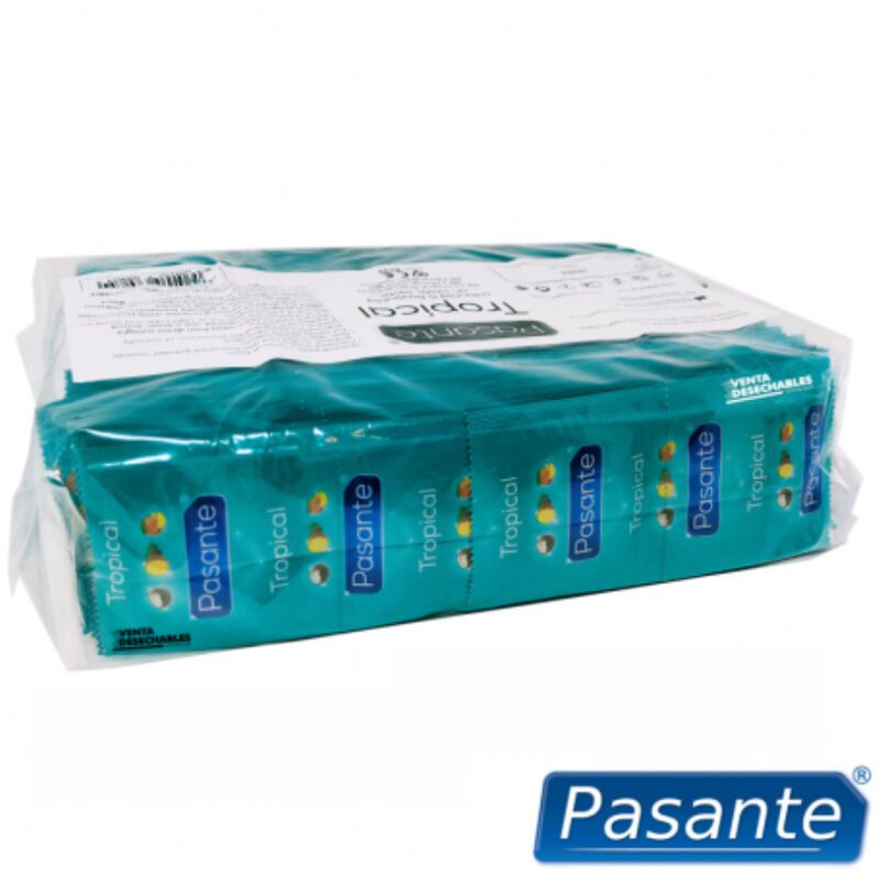 Verpackung mit Kondomen. Aufschrift: Pasante Tropical. Einzelverpackungen sichtbar. Produktinformationen auf der Verpackung.