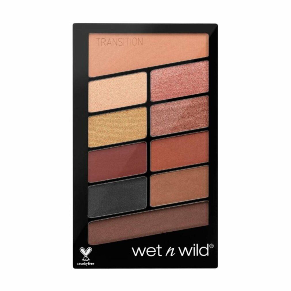 Lidschatten-Palette mit 10 Farbtönen. Schwarze Verpackung mit "Wet n Wild"-Logo. Enthält verschiedene matte und schimmernde Farben. "Cruelty-free"-Logo.