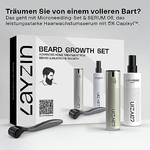 LAYZIN Bartwuchs Set. Set mit Serum, Roller und Reiniger. Mehrere Produkte auf weißem Hintergrund.
