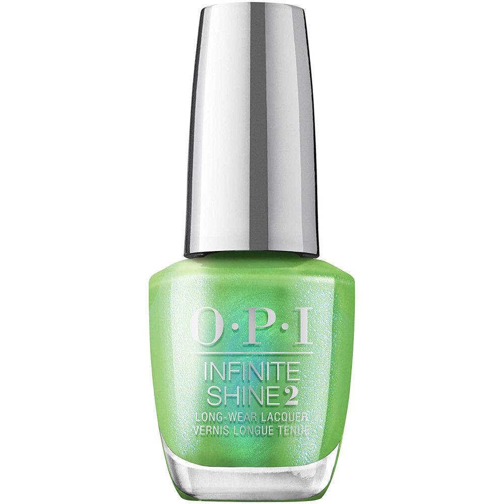 OPI Nagellack-Flasche, grün. Silberner Deckel, transparente Basis. Schriftzug 'INFINITE SHINE 2'.
