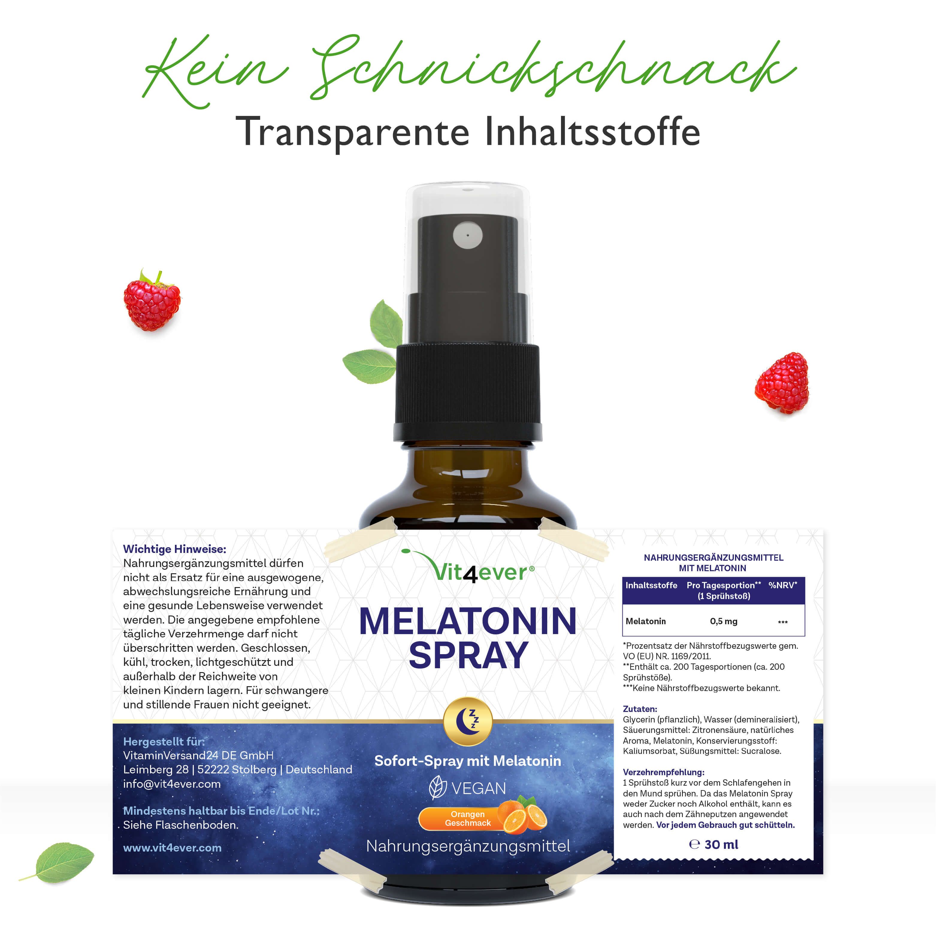 Melatonin Spray von Vit4ever. Braune Glasflasche mit Sprühkopf, Etikett mit Produktinformationen. Enthält 30ml. Vegan. Nahrungsergänzungsmittel.