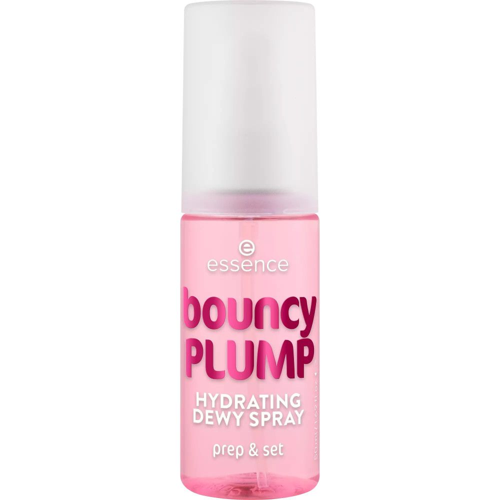 Rosa Flasche mit weißem Sprühkopf. Aufschrift: bouncy PLUMP, Hydrating Dewy Spray, prep & set. Marke: essence.