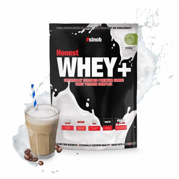 Schwarze Tüte mit "#sinob Honest WHEY+". Milchspritzer, Glas mit Getränk, Kaffeebohnen. "volac"-Logo.