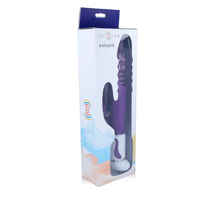 Produktverpackung mit Vibrator. Marke: Intense, Modell: Estuard. Lila Produkt sichtbar.