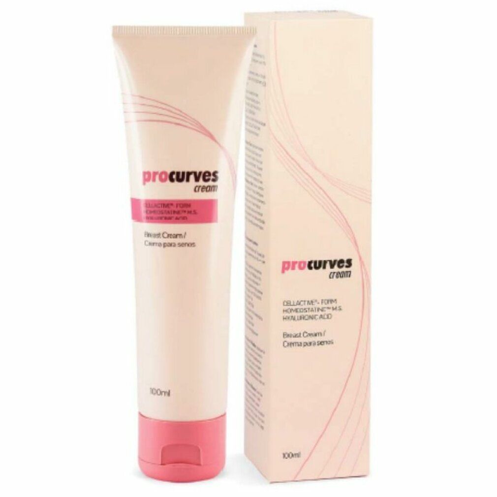 Creme-Tube und Schachtel. Aufschrift: Procurves cream. Brustcreme. Rosa und weiß.