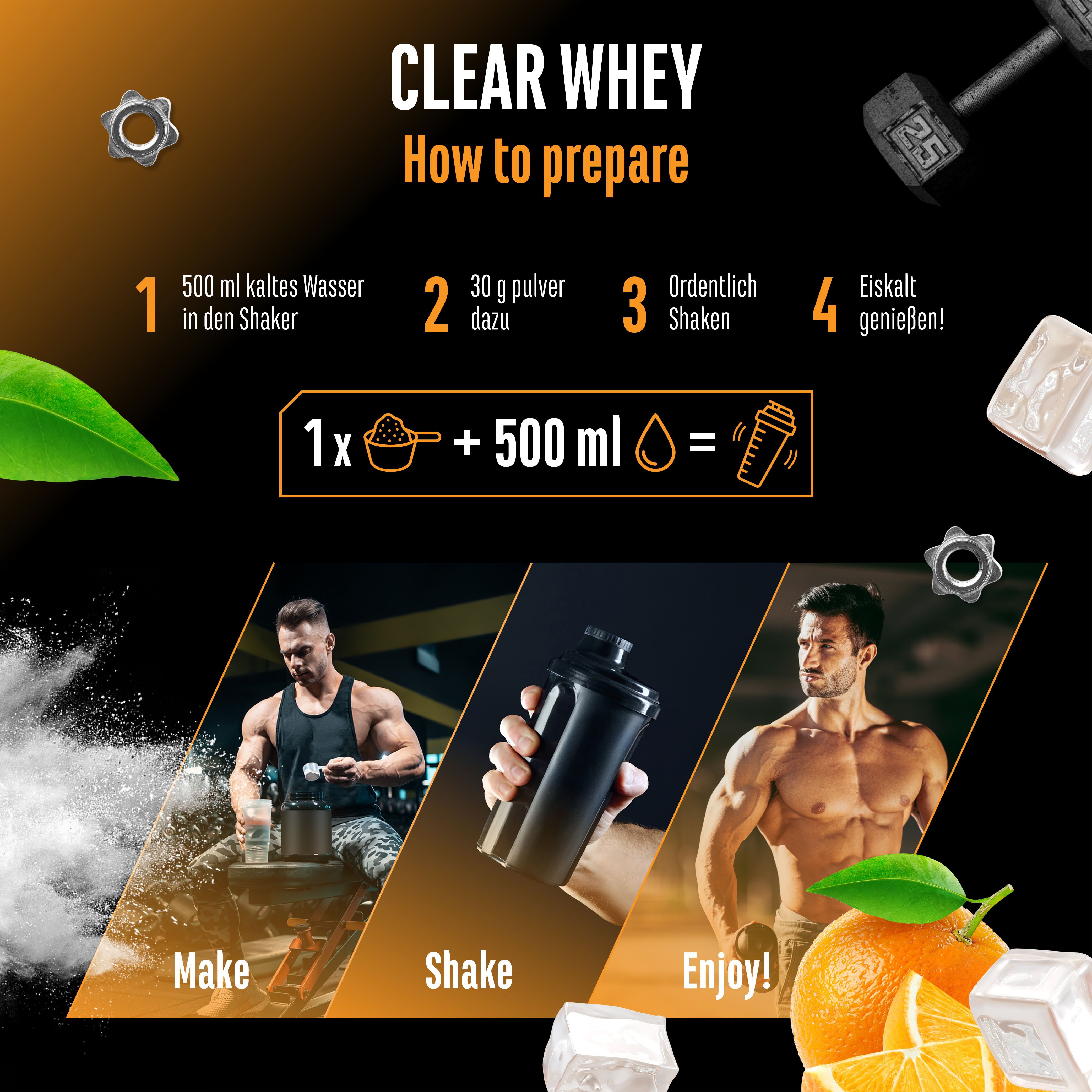 Anleitung zur Zubereitung von Clear Whey Protein. Schritte: Wasser in Shaker, Pulver hinzufügen, schütteln, genießen. Mit Illustrationen.