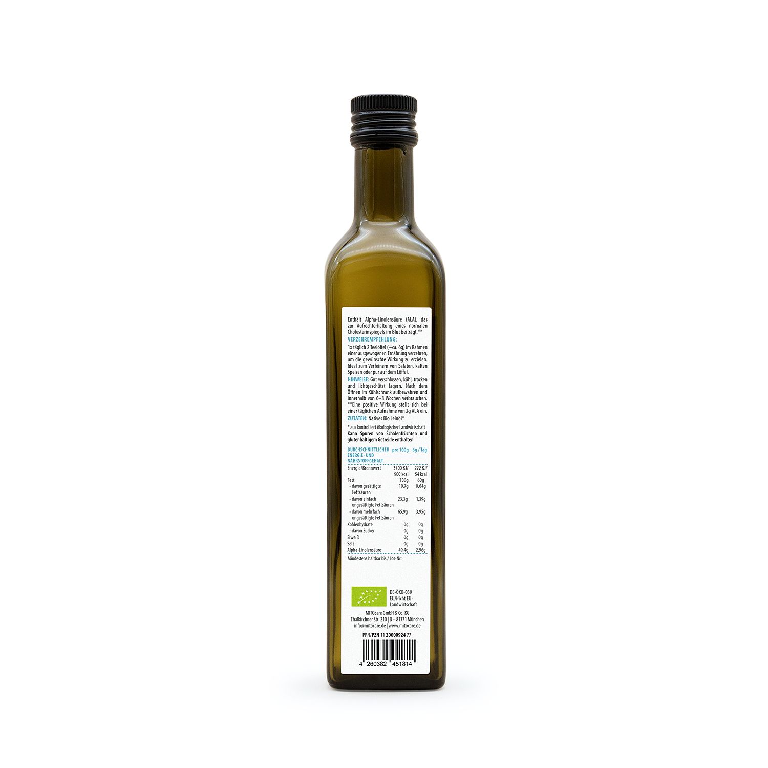 Rückseite einer dunkelgrünen Glasflasche mit nativem Bio Leinöl. Etikett mit detaillierten Nährwertangaben, Bio-Siegel und Herstellerinformationen.