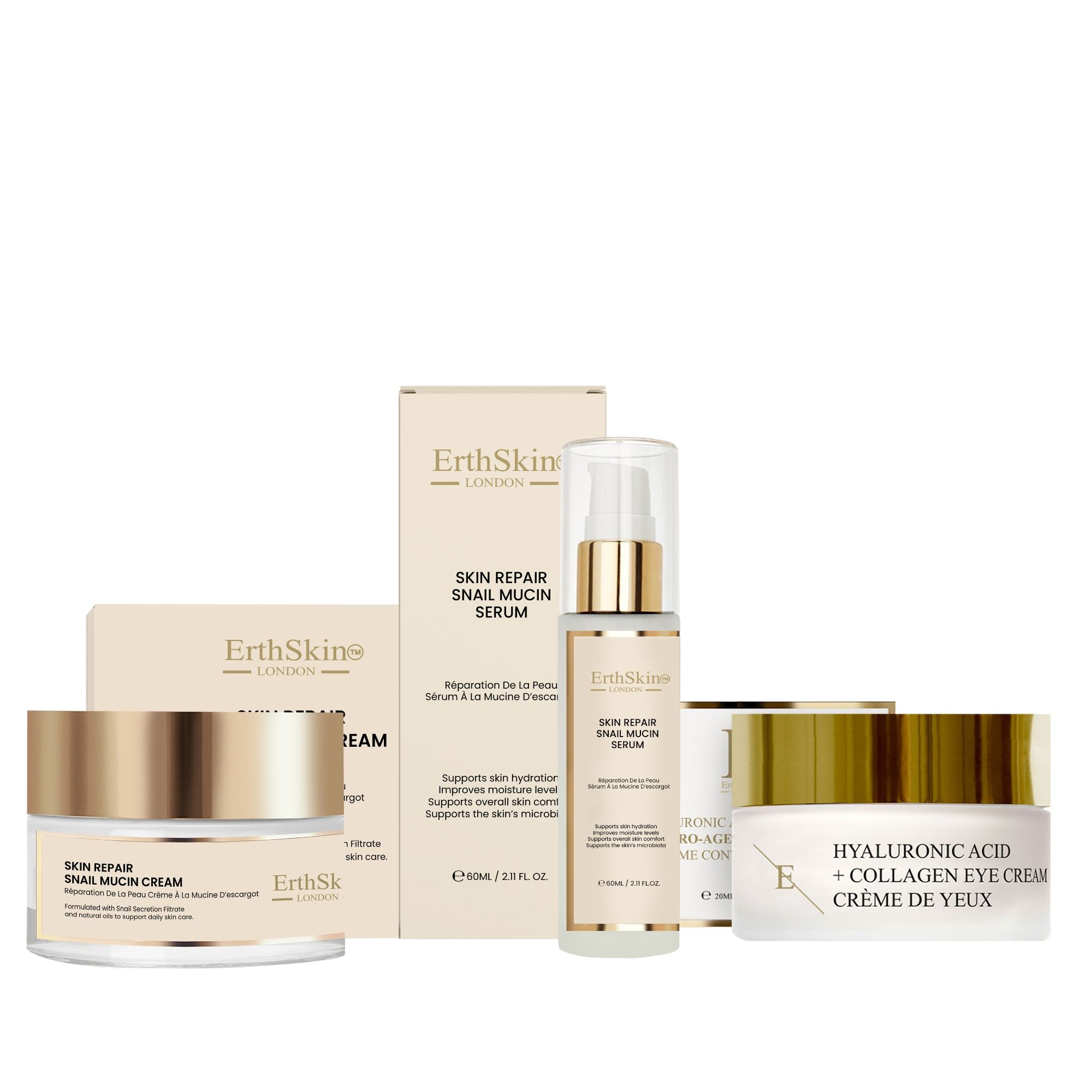 Set mit Hautpflegeprodukten: Gesichtscreme, Serum und Augencreme von ErthSkin London.