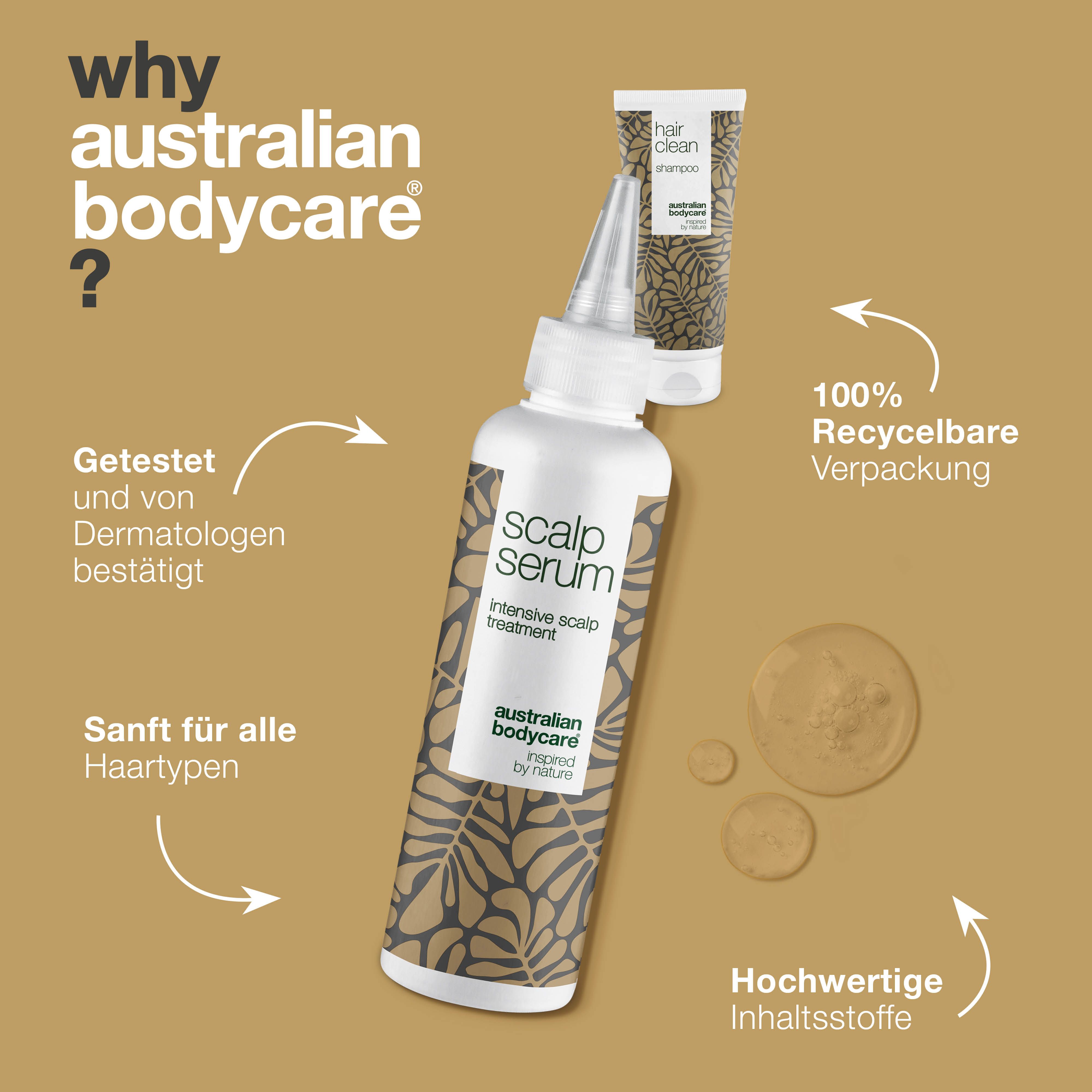 Warum Australian Bodycare? Getestet, sanft für alle Haartypen, hochwertige Inhaltsstoffe. Produkte: Serum und Shampoo.