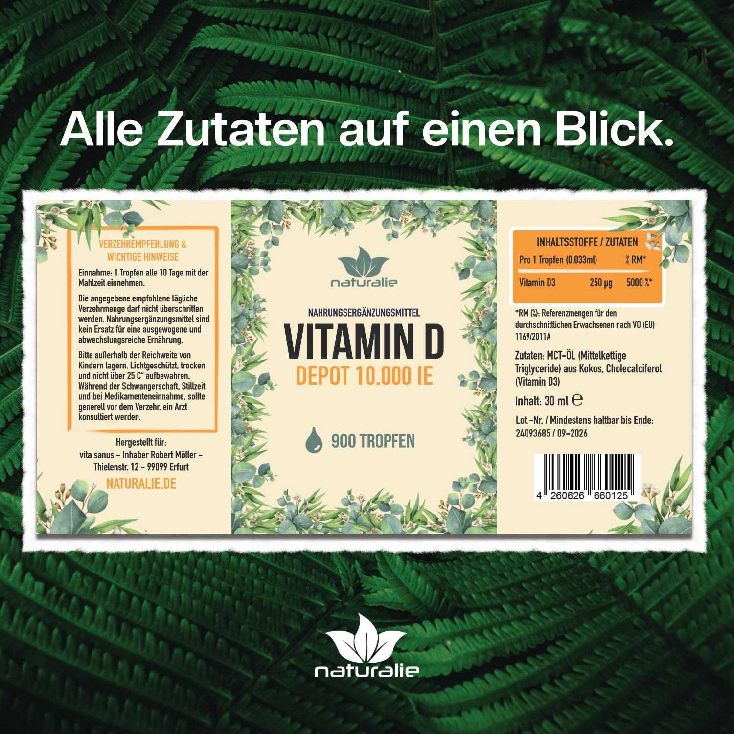 Etikett einer Vitamin D Flasche mit Zutatenliste und Dosierungsinformationen.