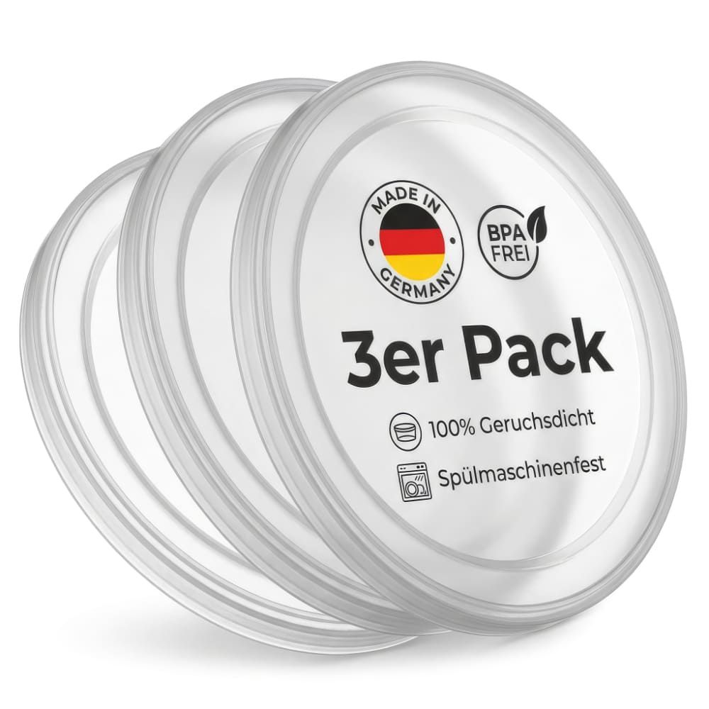 3er-Pack transparente Deckel. Aufschrift: 100% geruchsdicht, spülmaschinenfest, BPA-frei. Hergestellt in Deutschland.