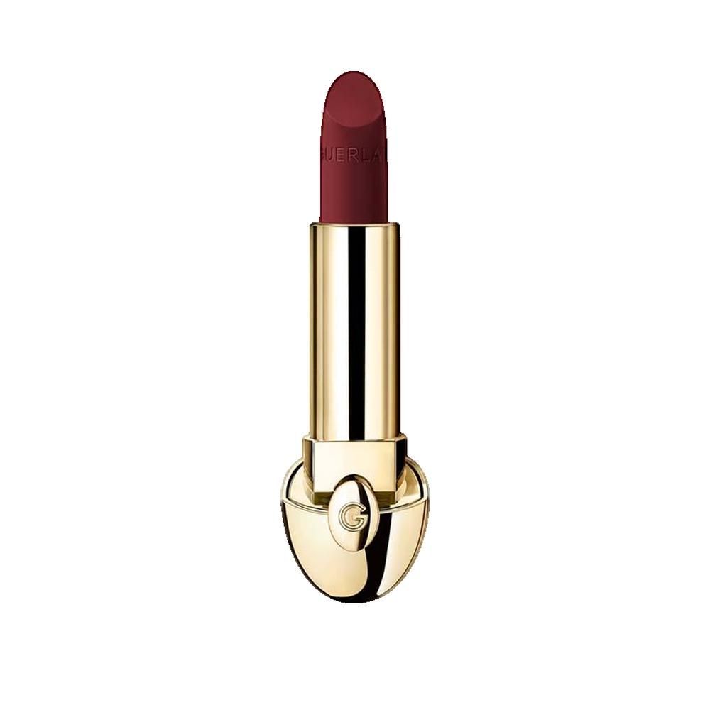 Goldfarbener Lippenstift mit dunkelroter Spitze. Der Lippenstift ist geöffnet. Auf der Spitze ist "GUERLAIN" eingraviert.