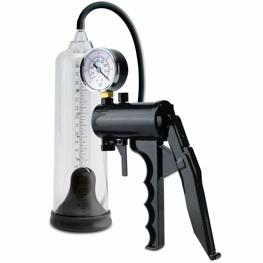 Pumpe mit Manometer und Messskala. Schwarzer Griff und Zylinder. Transparenter Zylinder mit schwarzem Einsatz.