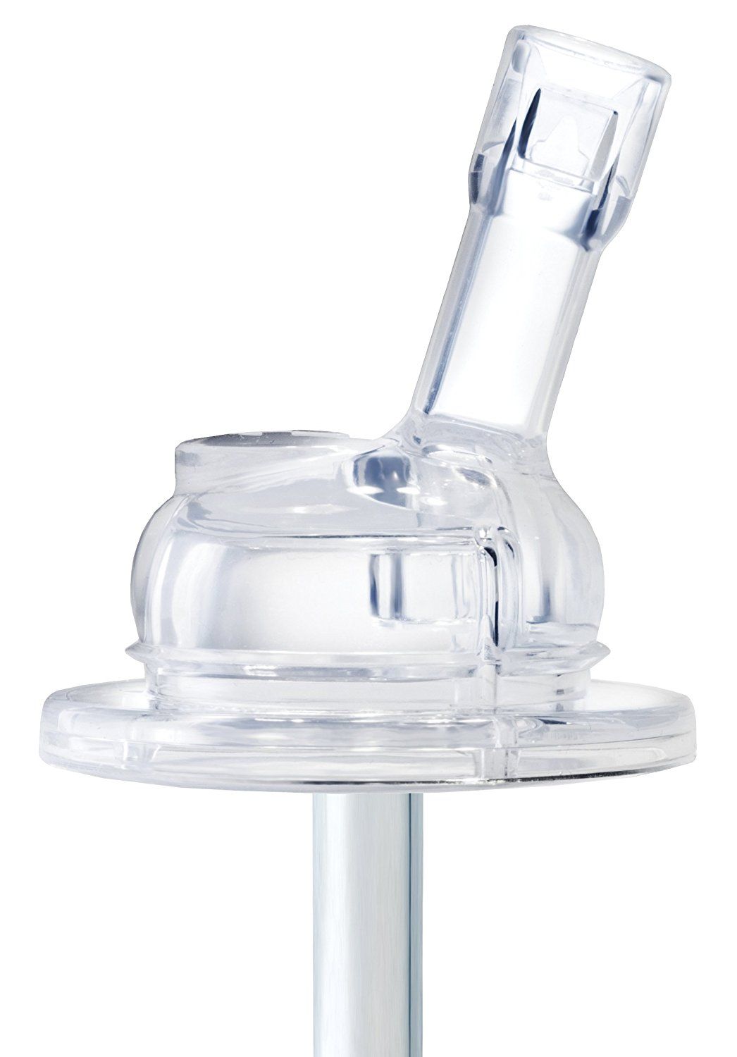 Transparenter Silikon-Sportverschluss mit Trinkhalm. Besteht aus einem runden Sockel, einem kugelförmigen Teil und einem abgewinkelten Mundstück.