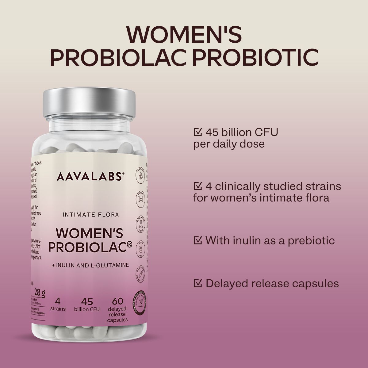 Flasche mit Kapseln. Text: AAVALABS, Women's Probiolac. Enthält 45 Milliarden CFU, 4 Stämme, Inulin.