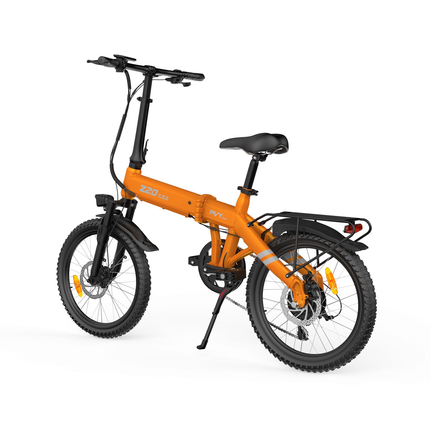 Orangefarbenes Klapp-E-Bike mit schwarzem Rahmen, Gepäckträger und Scheinwerfer. Aufschrift Z20 PRO EVO.