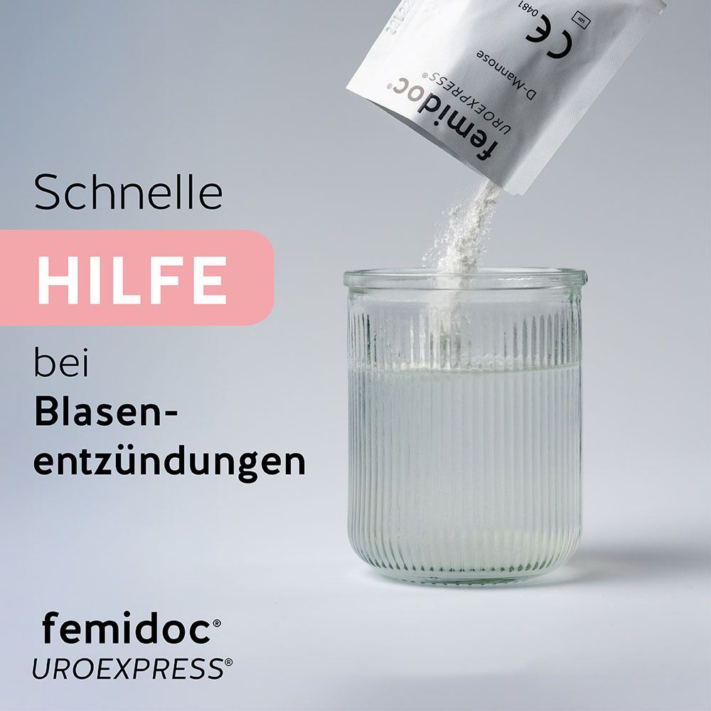 femidoc® UROEXPRESS® Packung. Rosa-weiße Schachtel mit Produktinformationen und Logo. 14 Beutel.
