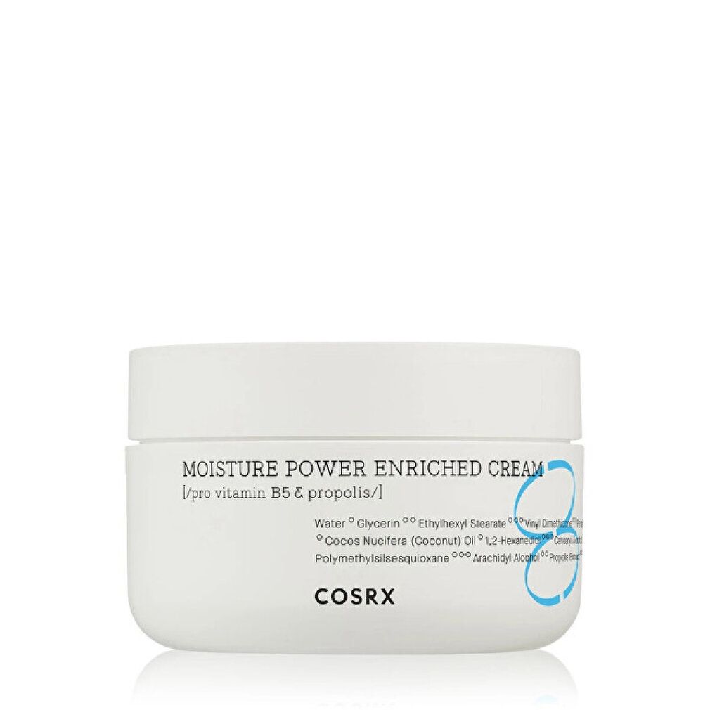 Weißer Tiegel mit Aufschrift "MOISTURE POWER ENRICHED CREAM" und "COSRX". Blaue Akzente. Deckel oben.