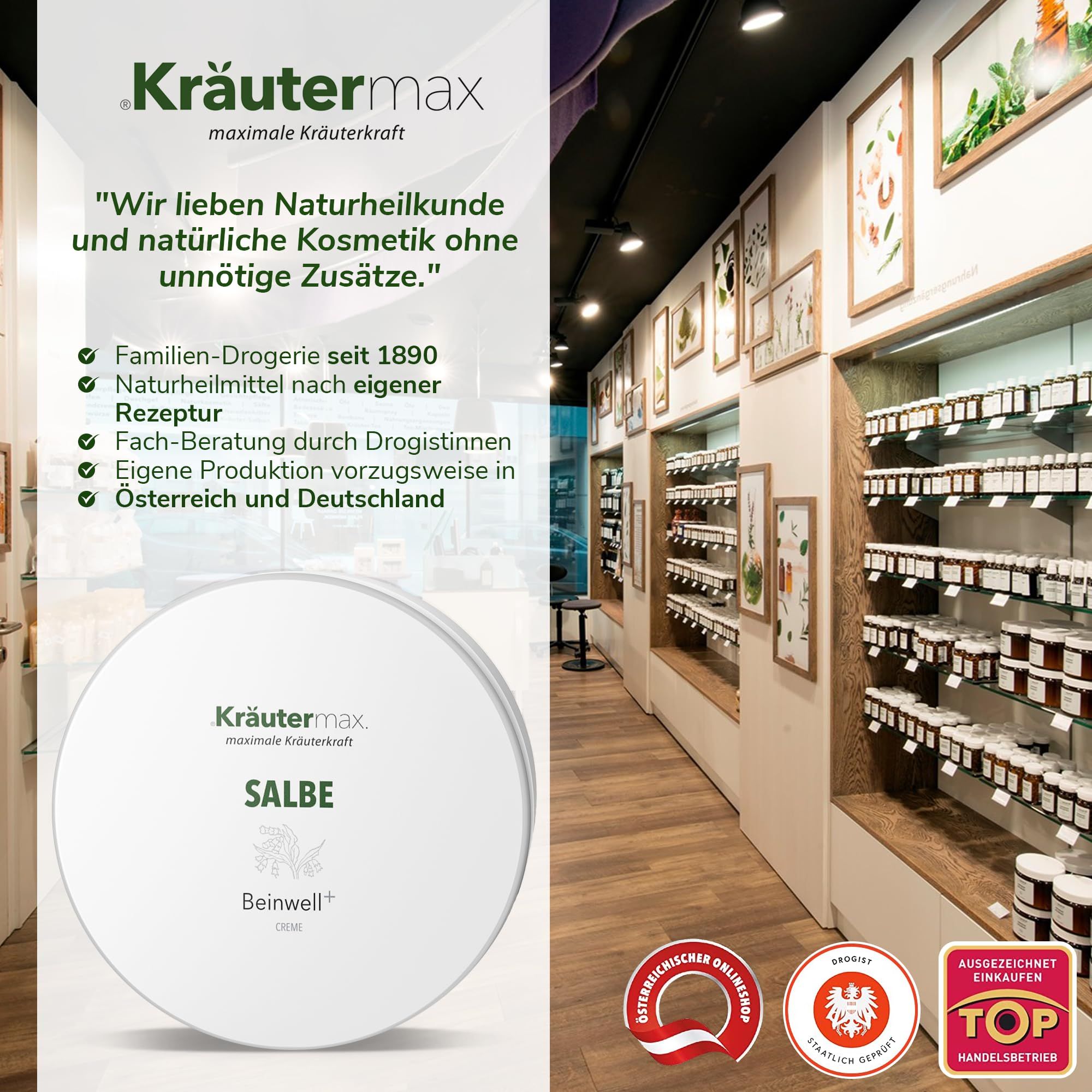 Drogerie-Innenraum mit Produktpräsentation. Text: Kräutermax, Salbe, Beinwell plus, Naturheilkunde, Fachberatung, Qualitätssiegel.