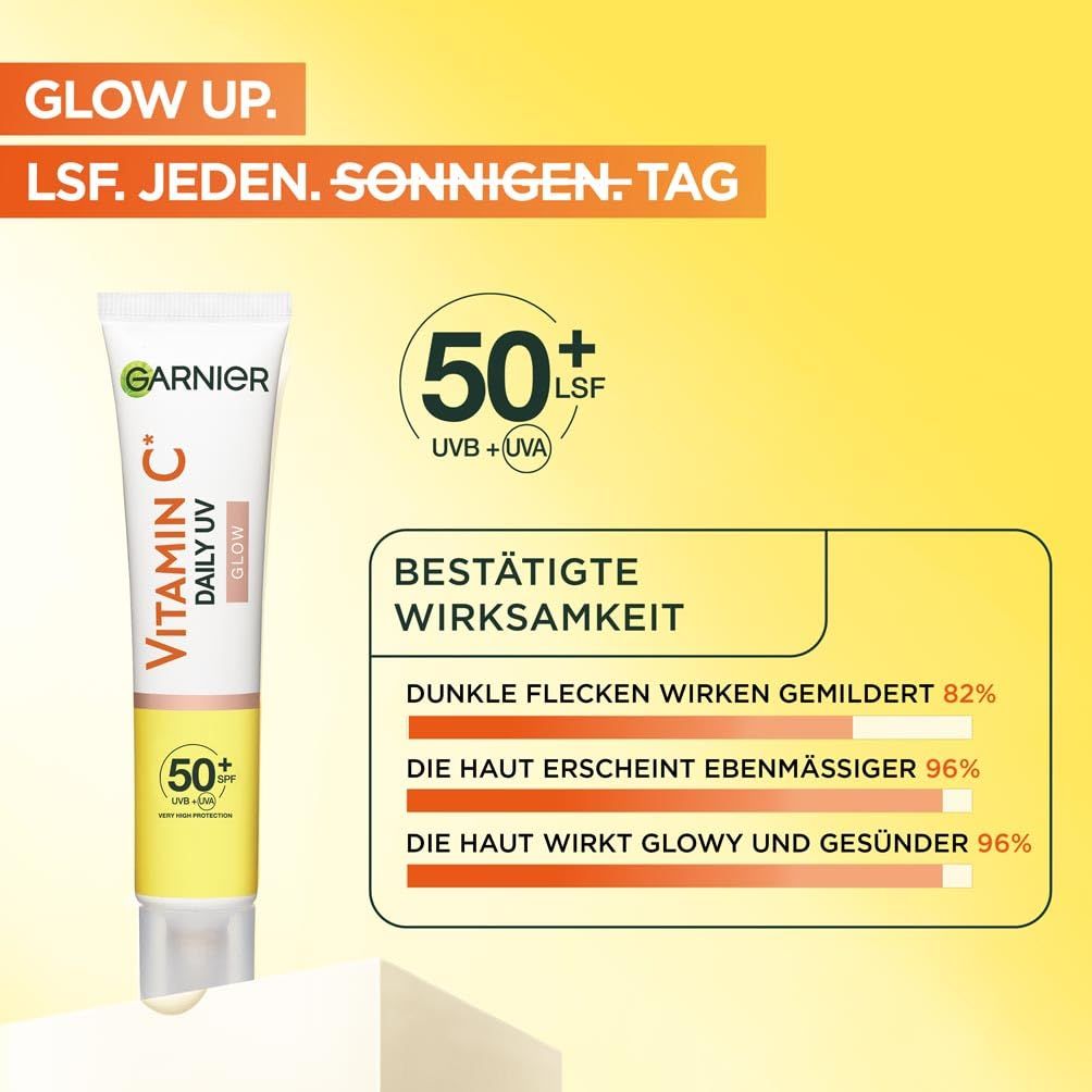 Garnier Vitamin C Daily UV Glow Tube. Gelber Hintergrund. Text: 50+ LSF, Bestätigte Wirksamkeit. Reduziert dunkle Flecken, ebenmäßiger Teint.