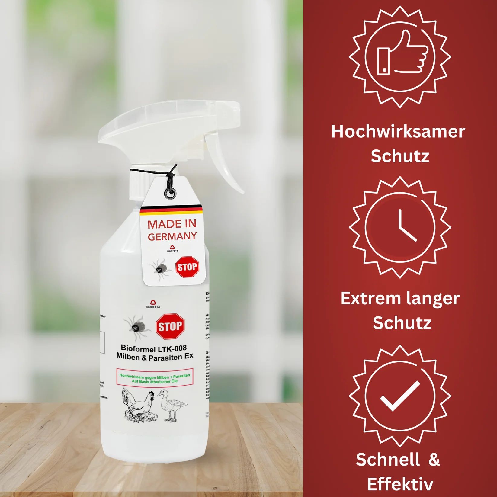 Sprühflasche mit Etikett. Text: Made in Germany, Hochwirksamer Schutz, Extrem langer Schutz, Schnell & Effektiv.